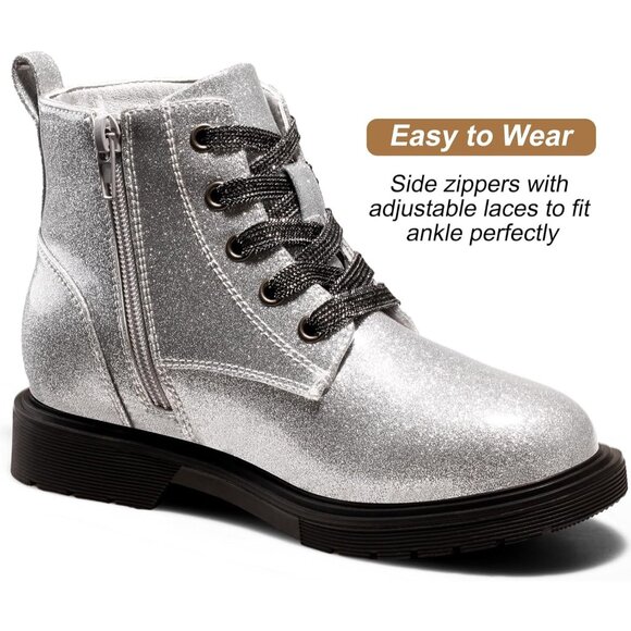 Girls Ankle Boots Sliver Glitter Combat Bootie Zipper Lace Up Winter Dress Boot - Picture 2 of 6